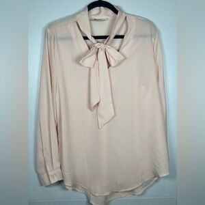 Elegant Blush Pink Sheer Long Sleeve Blouse with Bow Tie at Neckline.